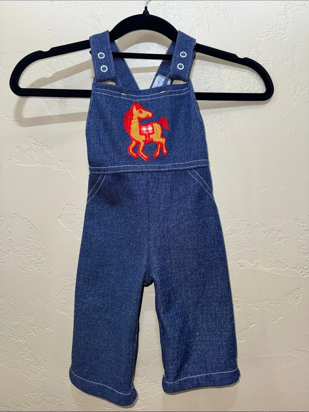 Carter's Vintage Navy Denim Overalls Red & Orange Horse Patch Single Stitch USA